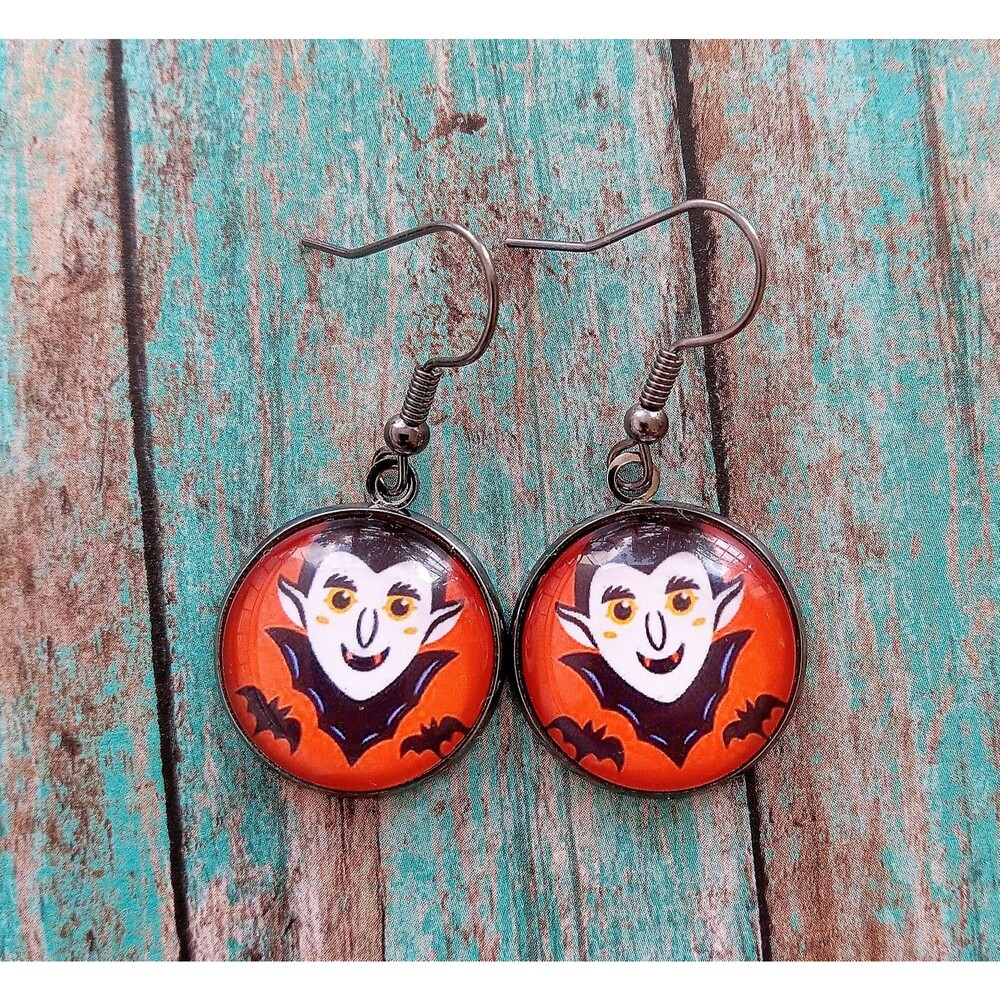 Halloween Vampire Earrings, Orange and Black Dangles, Glass Cabochon Earrings